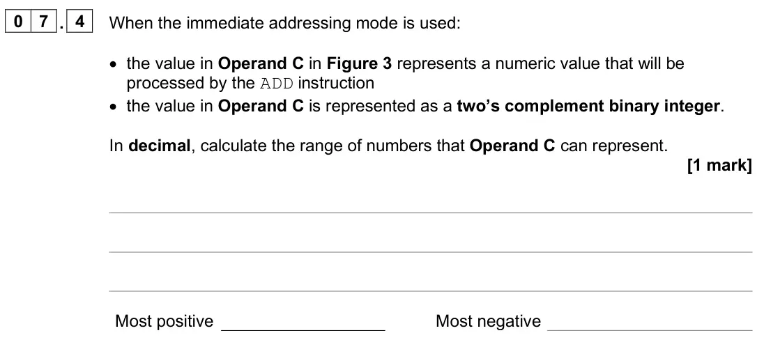 June 2025 Paper 2, question 07.4: When the immediate addressing mode is used: • the value in Operand C in Figure 3 represents a numeric value that will be processed by the ADD instruction • the