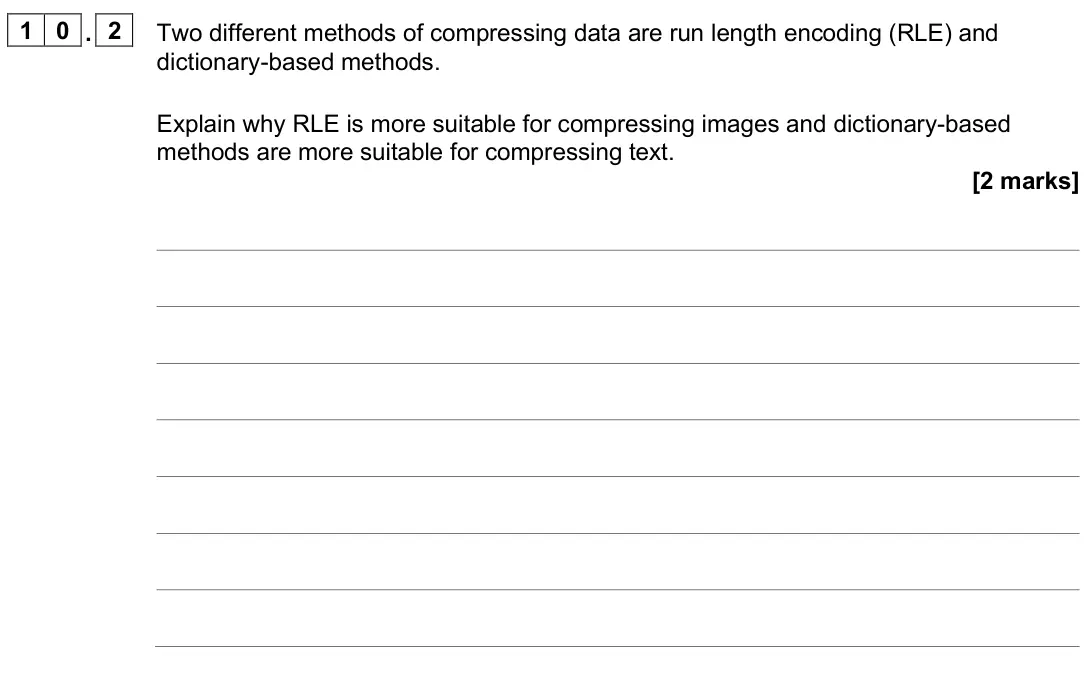 June 2025 Paper 2, question 10.2: Two different methods of compressing data are run length encoding (RLE) and dictionary-based methods. Explain why RLE is more suitable for compressing images an