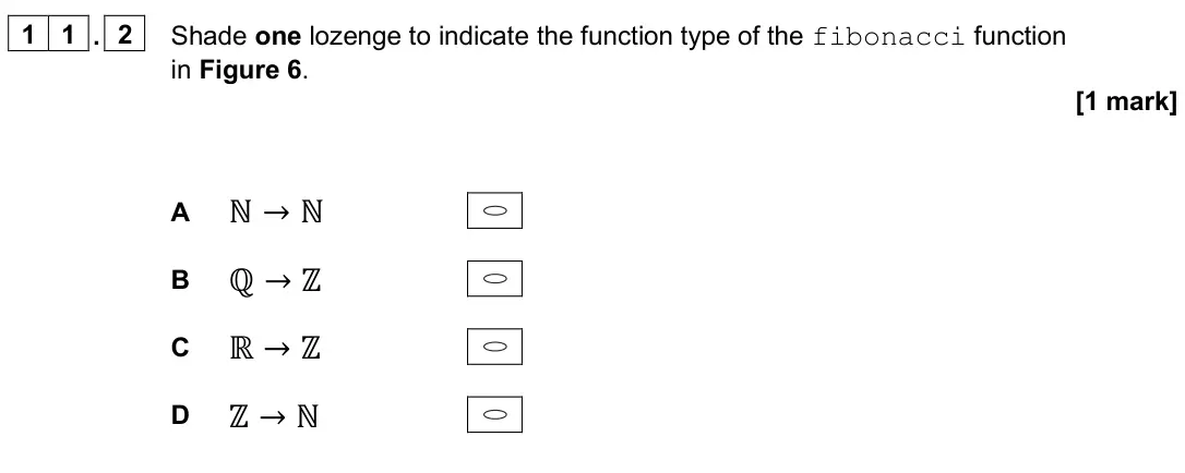 June 2025 Paper 2, question 11.2: Shade one lozenge to indicate the function type of the fibonacci function in Figure 6. [1 mark] A ℕ→ℕ B ℚ→ℤ C ℝ→ℤ D ℤ→ℕ