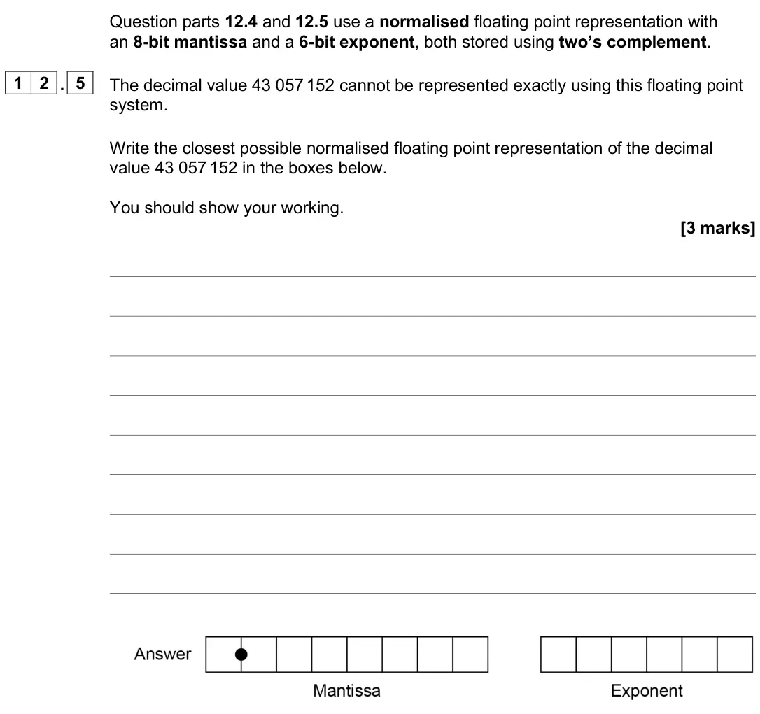 June 2025 Paper 2, question 12.5: use a normalised floating point representation with an 8-bit mantissa and a 6-bit exponent, both stored using two’s complement. 1 2 . 5 The decimal value 43 057