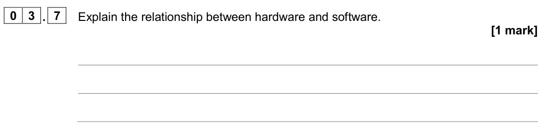 November 2020 Paper 2, question 03.7: Explain the relationship between hardware and software. [1 mark]