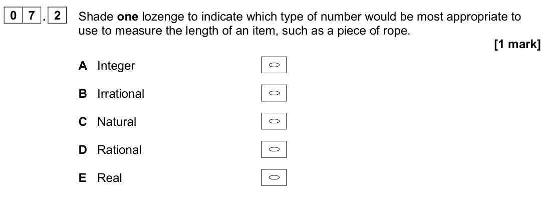 November 2020 Paper 2, question 07.2: Shade one lozenge to indicate which type of number would be most appropriate to use to measure the length of an item, such as a piece of rope. [1 mark] A Intege