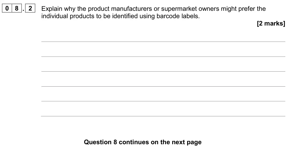 November 2020 Paper 2, question 08.2: Explain why the product manufacturers or supermarket owners might prefer the individual products to be ident