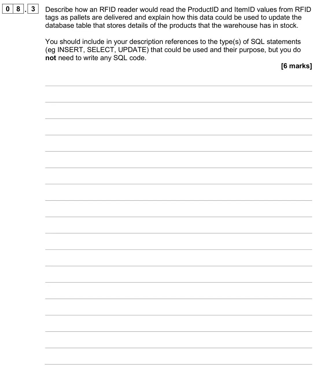 November 2020 Paper 2, question 08.3: Describe how an RFID reader would read the ProductID and ItemID values from RFID tags as pallets are deliver