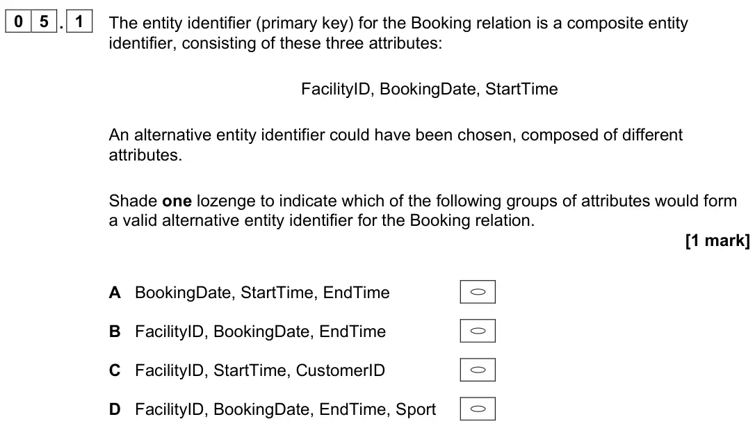 November 2021 Paper 2, question 05.1: 0 5 A sports centre uses a relational database to store information about its facilities (such as the swimming pool) and the bookings that have been made to use