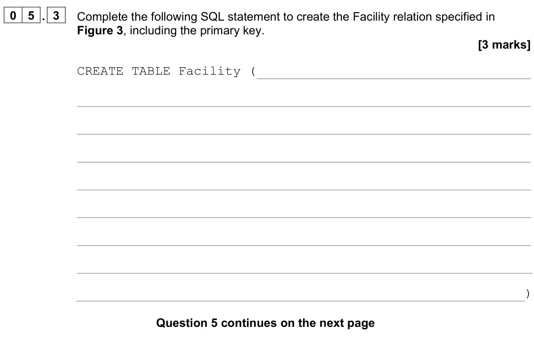 November 2021 Paper 2, question 05.3: 0 5 A sports centre uses a relational database to store information about its facilities (such as the swimming pool) and the bookings that have been made to use