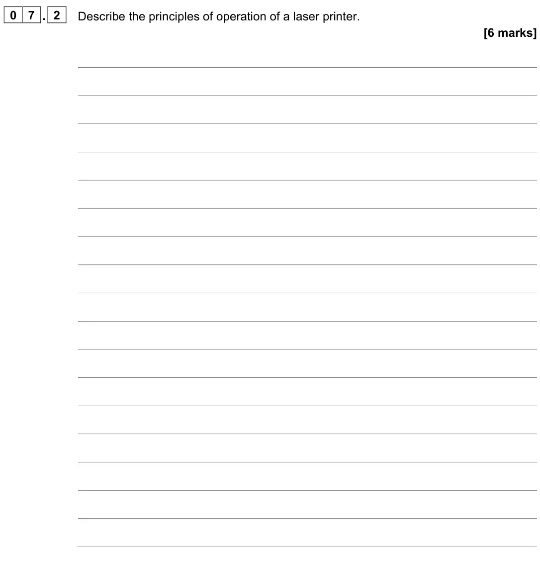 November 2021 Paper 2, question 07.2: Describe the principles of operation of a laser printer. [6 marks]