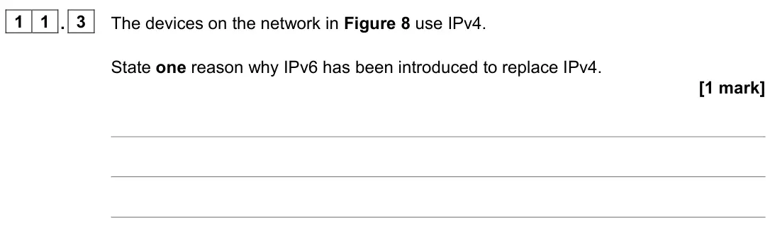 November 2021 Paper 2, question 11.3: The devices on the network in Figure 8 use IPv4. State one reason why IPv6 has been introduced to replace IPv4. [1 mark]