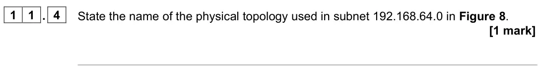 November 2021 Paper 2, question 11.4: State the name of the physical topology used in subnet 192.168.64.0 in Figure 8. [1 mark]
