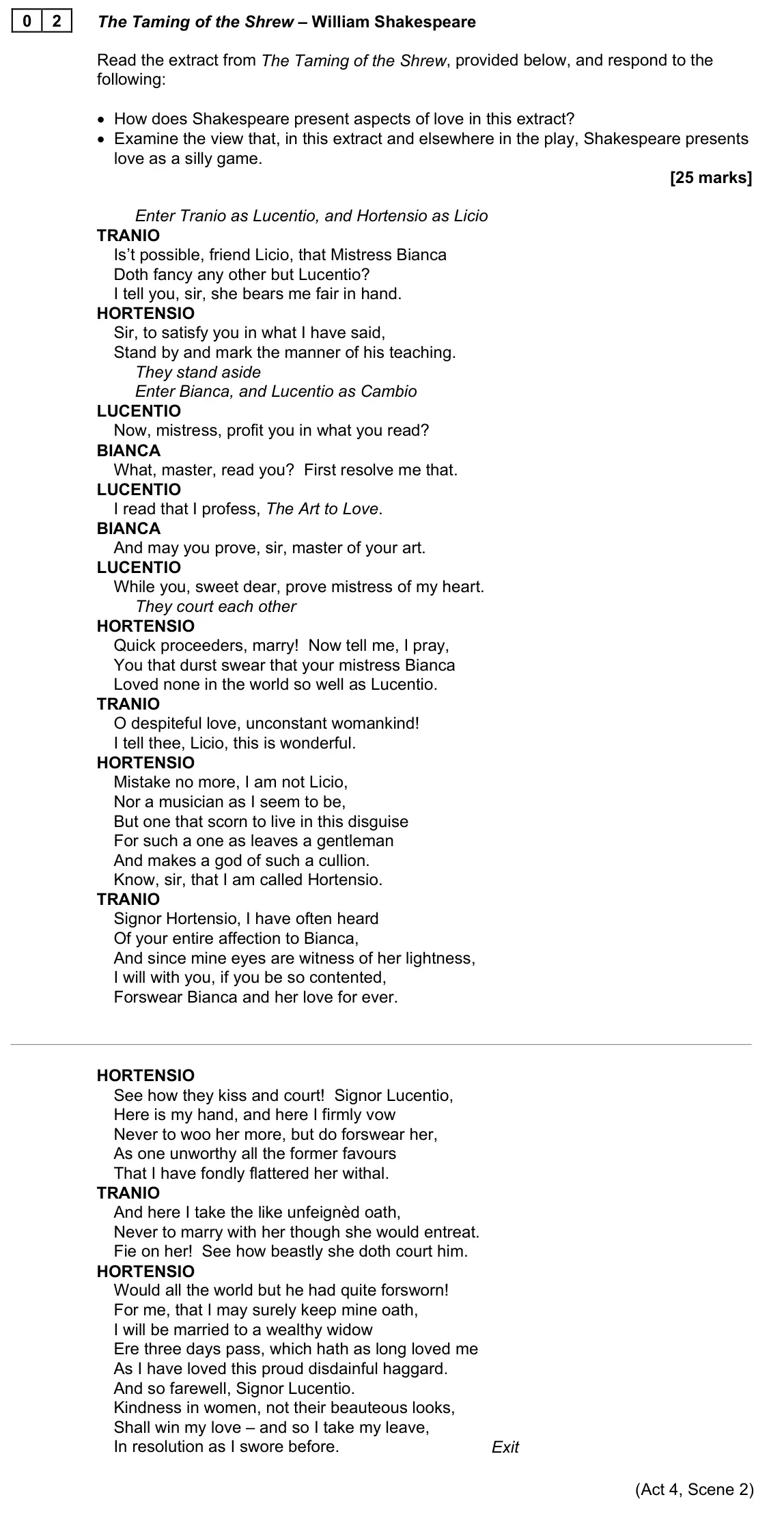 June 2023 AS Paper 1, question 02: The Taming of the Shrew – William Shakespeare Read the extract from The Taming of the Shrew, provided below, and respond to the following: • How does Shakespear