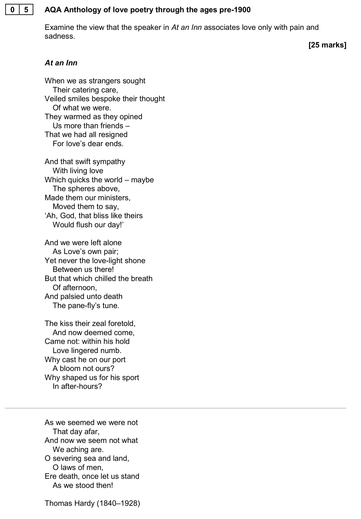 June 2024 AS Paper 1, question 05: AQA Anthology of love poetry through the ages pre-1900 Examine the view that the speaker in At an Inn associates love only with pain and sadness.