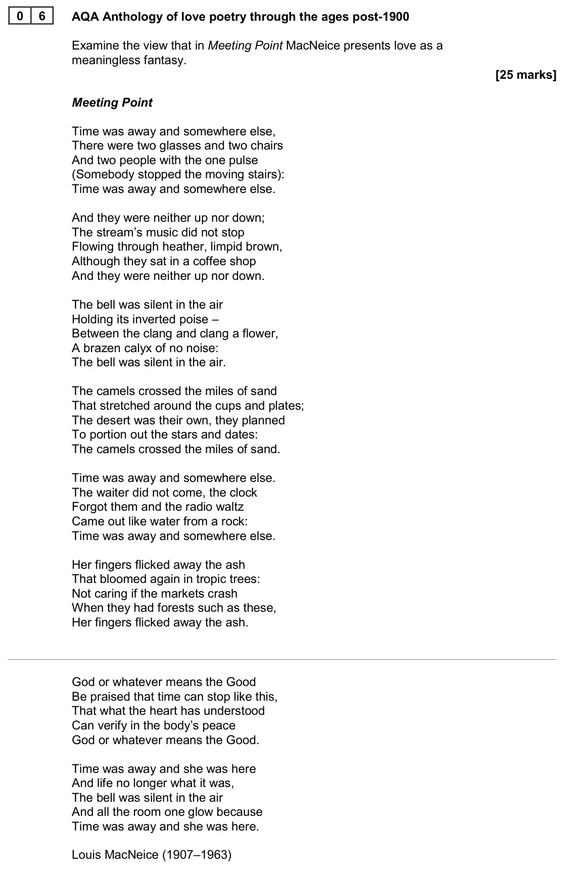 June 2024 AS Paper 1, question 06: AQA Anthology of love poetry through the ages post-1900 Examine the view that in Meeting Point MacNeice presents love as a meaningless fantasy.
