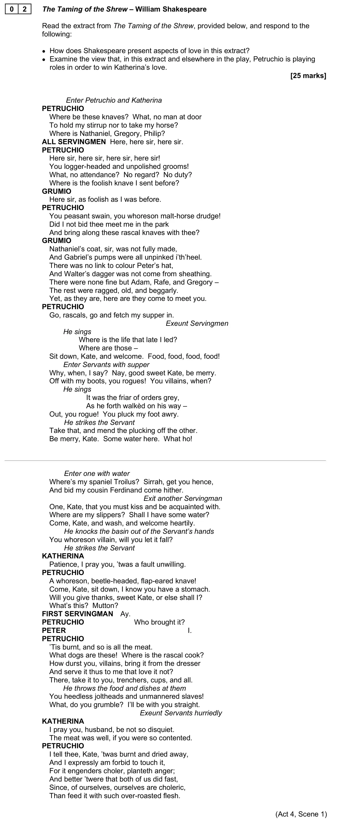 June 2025 AS Paper 1, question 02: The Taming of the Shrew – William Shakespeare Read the extract from The Taming of the Shrew, provided below, and respond to the following: • How does Shakespear