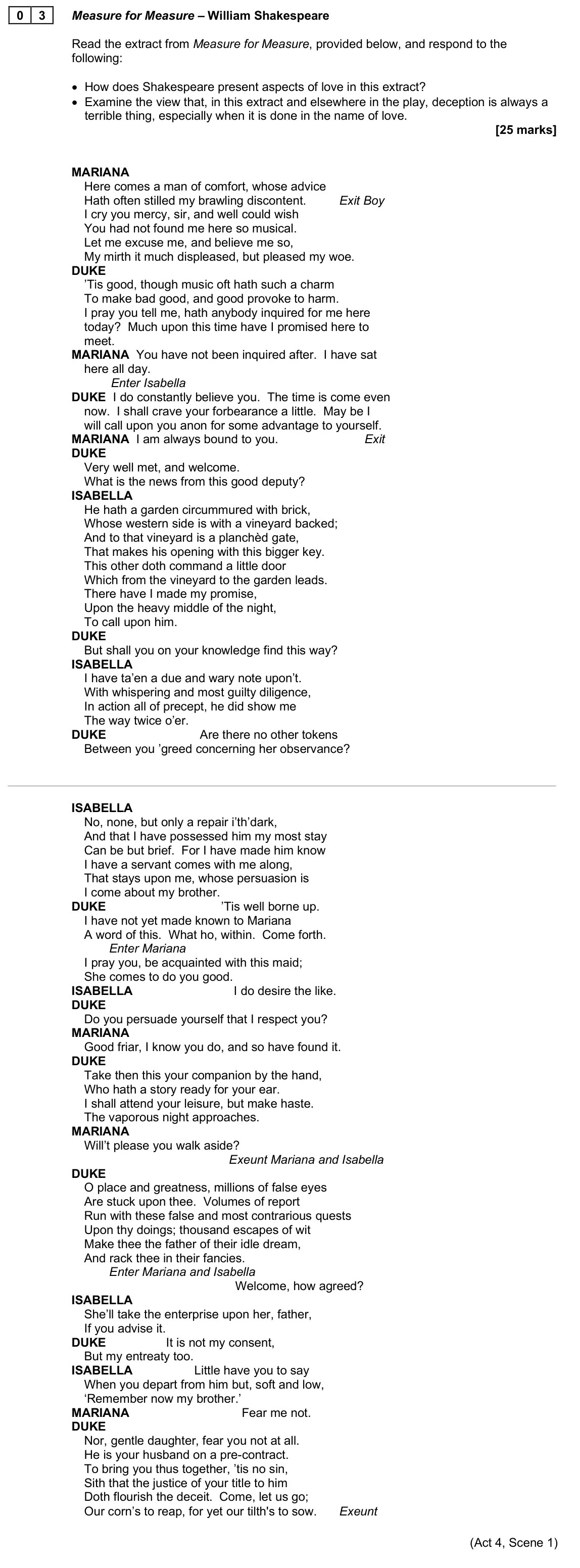 June 2025 AS Paper 1, question 03: Measure for Measure – William Shakespeare Read the extract from Measure for Measure, provided below, and respond to the following: • How does Shakespeare presen