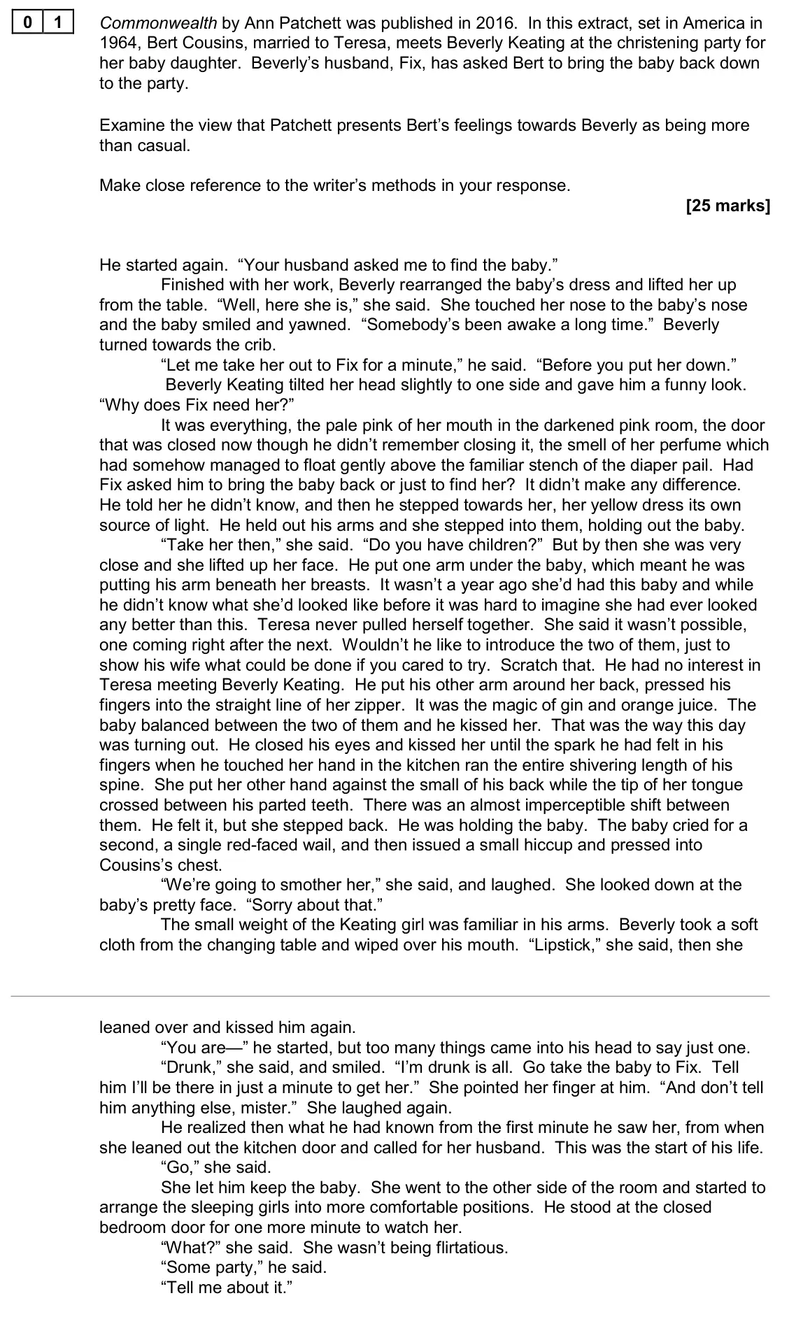June 2024 AS Paper 2, question 01: Commonwealth by Ann Patchett was published in 2016. In this extract, set in America in 1964, Bert Cousins, married to Teresa, meets Beverly Keating at the chris