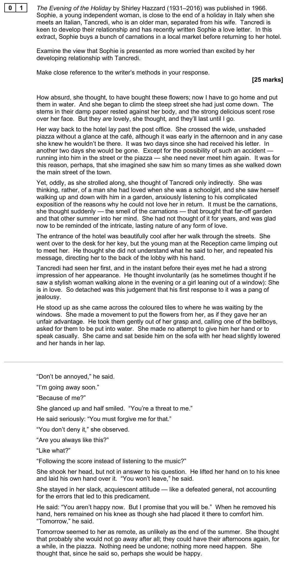 June 2025 AS Paper 2, question 01: The Evening of the Holiday by Shirley Hazzard (1931–2016) was published in 1966. Sophie, a young independent woman, is close to the end of a holiday in Italy wh