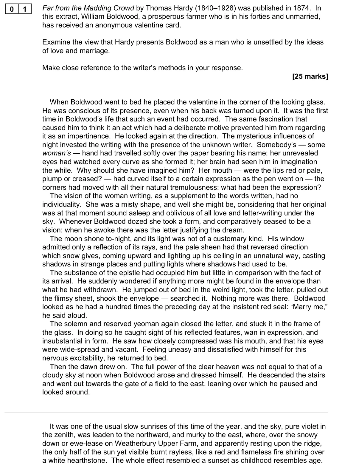 November 2020 AS Paper 2, question 01: Far from the Madding Crowd by Thomas Hardy (1840–1928) was published in 1874. In this extract, William Boldwood, a prosperous farmer who is in his forties and u