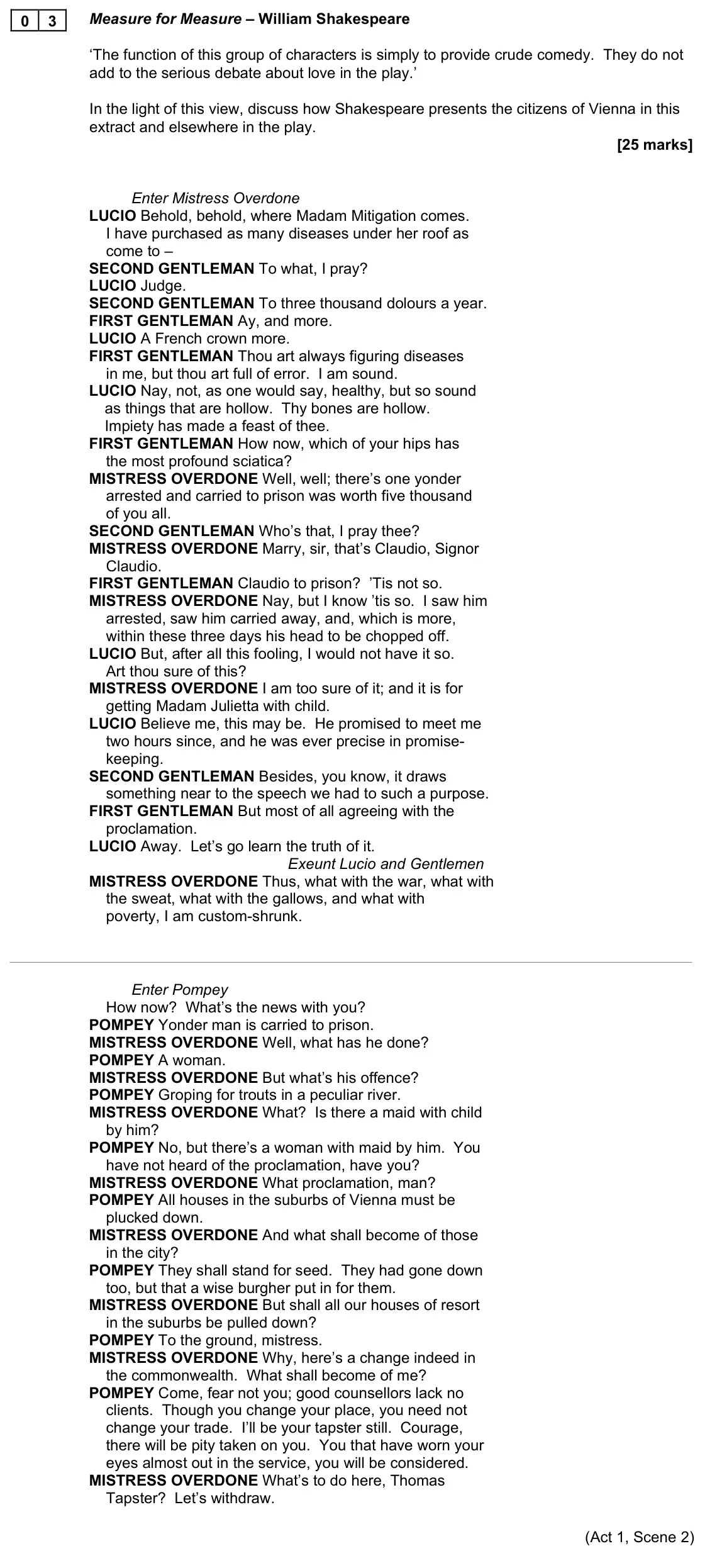 June 2022 Paper 1, question 03: Measure for Measure – William Shakespeare ‘The function of this group of characters is simply to provide crude comedy. They do not add to the serious debate abo