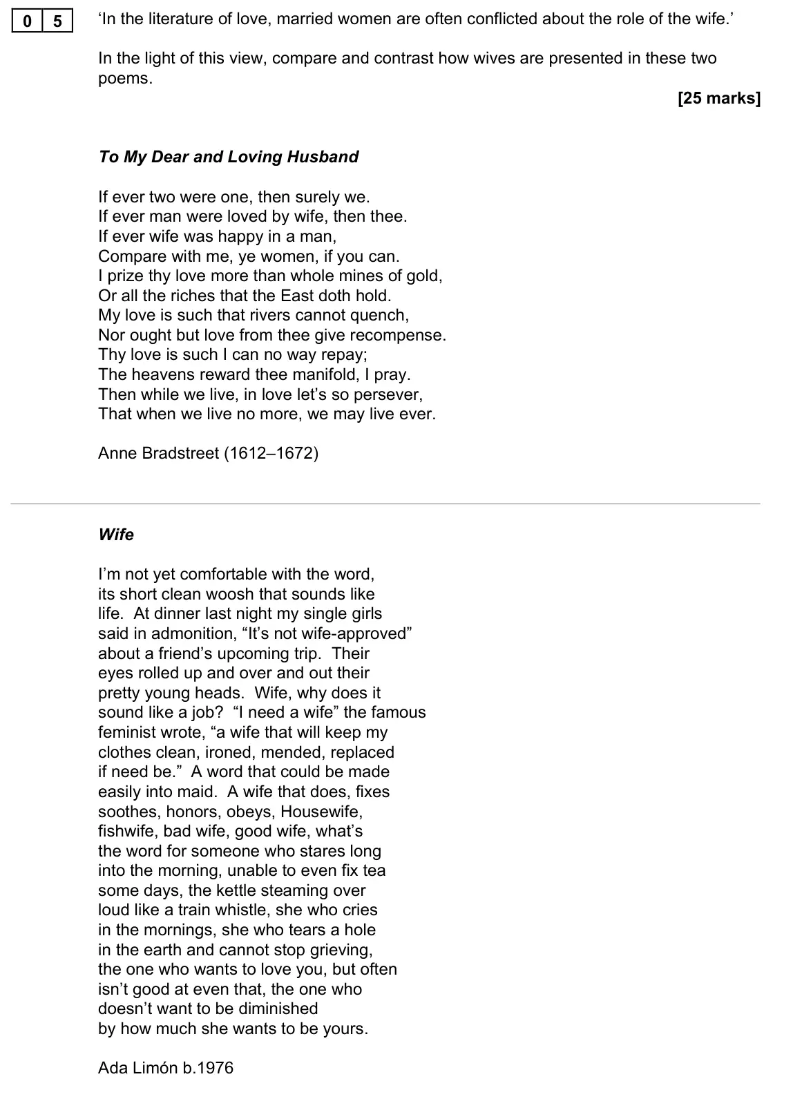 June 2022 Paper 1, question 05: ‘In the literature of love, married women are often conflicted about the role of the wife.’ In the light of this view, compare and contrast how wives are presen
