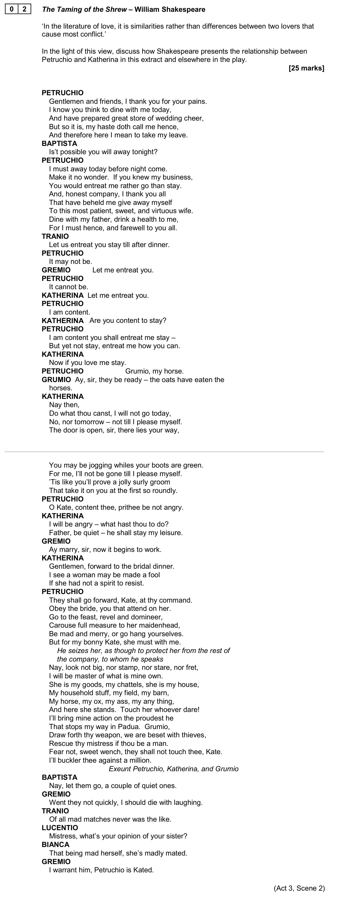 June 2023 Paper 1, question 02: The Taming of the Shrew – William Shakespeare ‘In the literature of love, it is similarities rather than differences between two lovers that cause most conflict