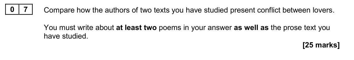 June 2023 Paper 1, question 07: Compare how the authors of two texts you have studied present conflict between lovers. You must write about at least two poems in your answer as well as the pro