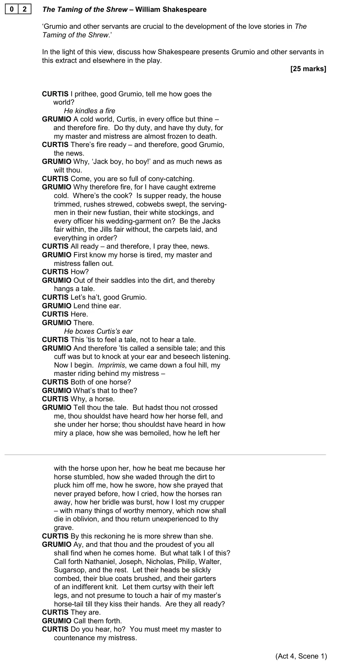 June 2024 Paper 1, question 02: The Taming of the Shrew – William Shakespeare ‘Grumio and other servants are crucial to the development of the love stories in The Taming of the Shrew.’ In the
