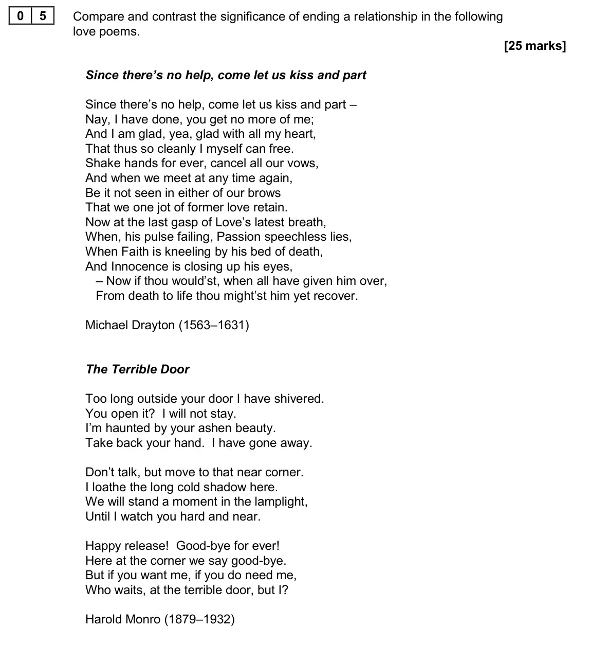 June 2024 Paper 1, question 05: Compare and contrast the significance of ending a relationship in the following love poems.