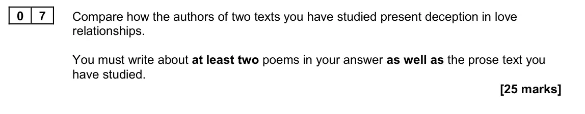 June 2024 Paper 1, question 07: Compare how the authors of two texts you have studied present deception in love relationships. You must write about at least two poems in your answer as well as