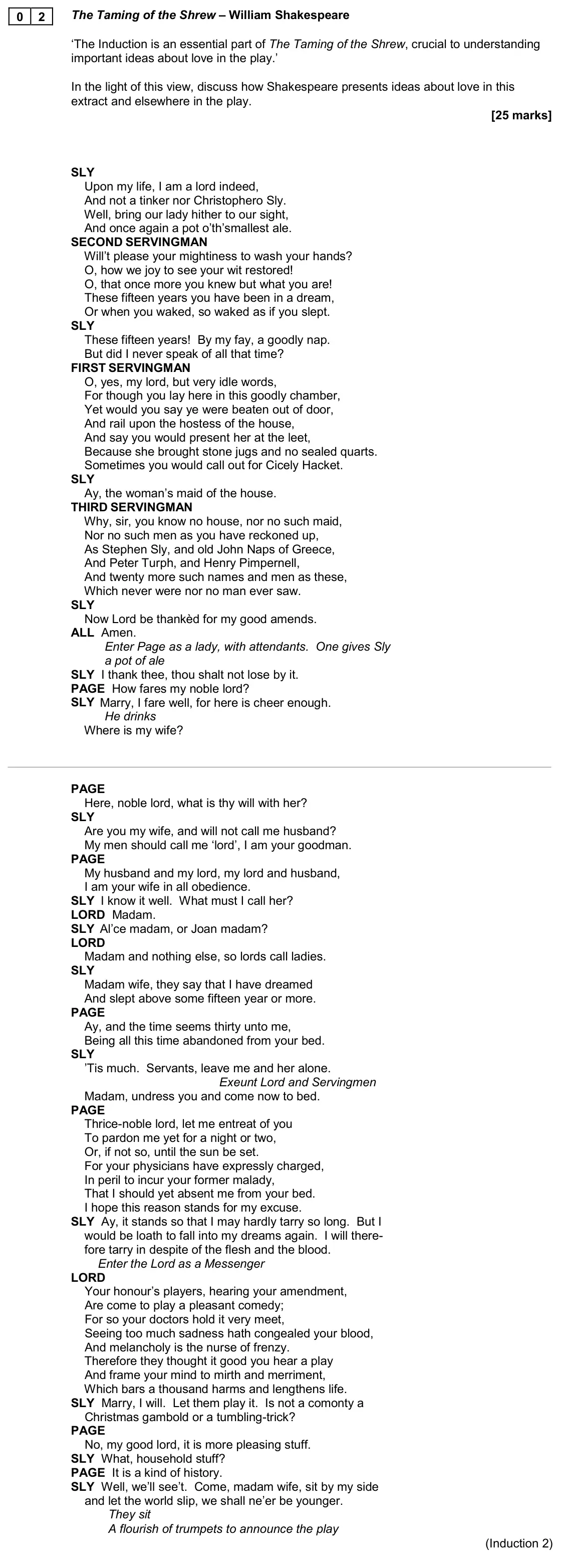 November 2020 Paper 1, question 02: The Taming of the Shrew – William Shakespeare ‘The Induction is an essential part of The Taming of the Shrew, crucial to understanding important ideas about lov