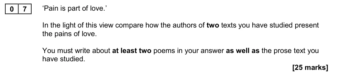 November 2020 Paper 1, question 07: ‘Pain is part of love.’ In the light of this view compare how the authors of two texts you have studied present the pains of love. You must write about at least