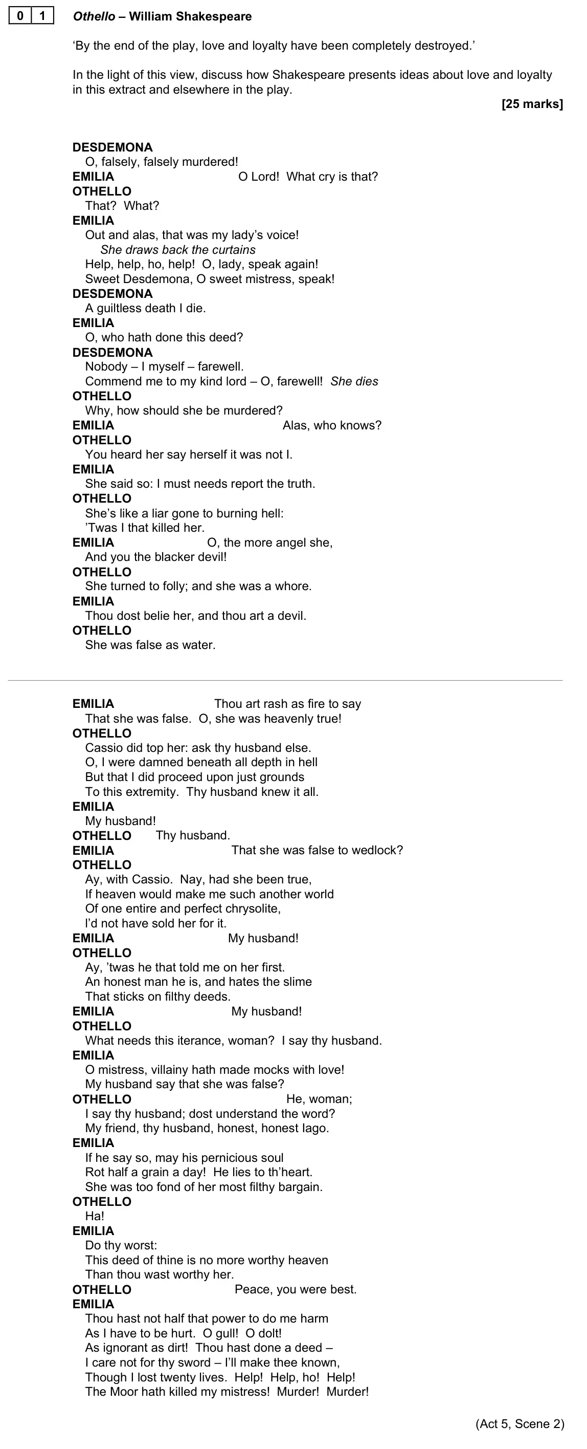 November 2021 Paper 1, question 01: Othello – William Shakespeare ‘By the end of the play, love and loyalty have been completely destroyed.’ In the light of this view, discuss how Shakespeare pres