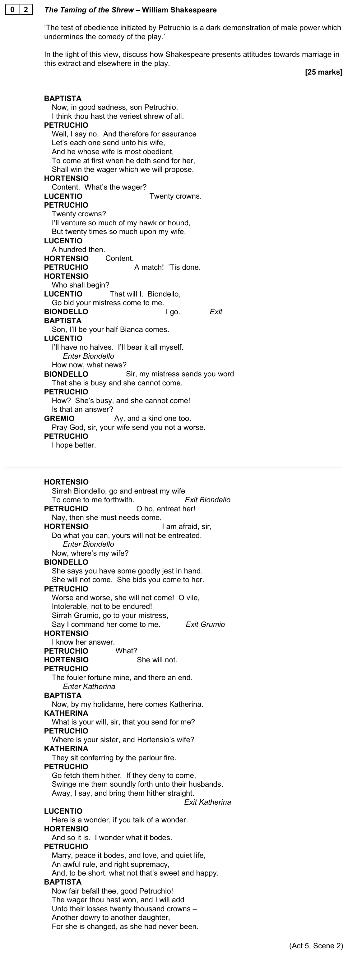 November 2021 Paper 1, question 02: The Taming of the Shrew – William Shakespeare ‘The test of obedience initiated by Petruchio is a dark demonstration of male power which undermines the comedy of