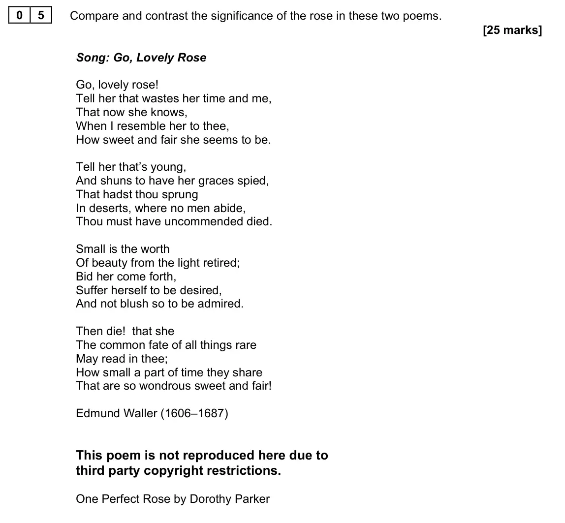 November 2021 Paper 1, question 05: Compare and contrast the significance of the rose in these two poems.