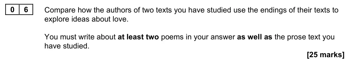 November 2021 Paper 1, question 06: Compare how the authors of two texts you have studied use the endings of their texts to explore ideas about love. You must write about at least two poems in you