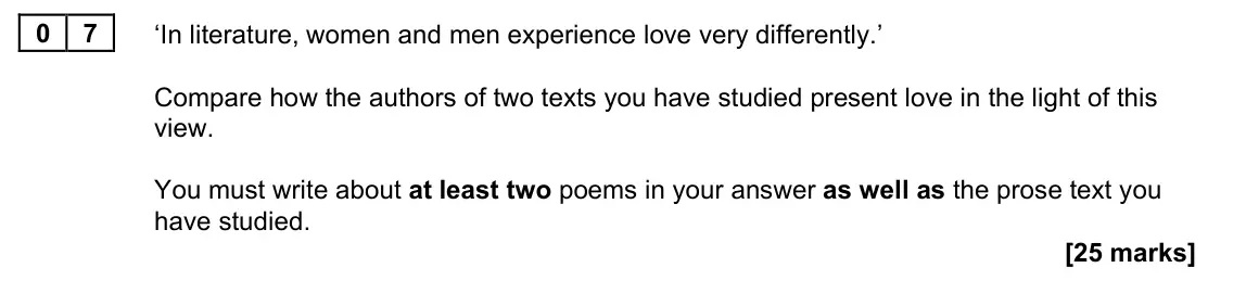 November 2021 Paper 1, question 07: ‘In literature, women and men experience love very differently.’ Compare how the authors of two texts you have studied present love in the light of this view. Y