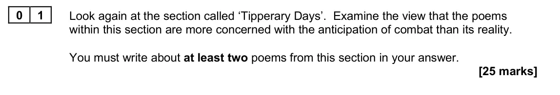 June 2022 Paper 2A, question 01: Look again at the section called ‘Tipperary Days’. Examine the view that the poems within this section are more concerned with the anticipation of combat than i