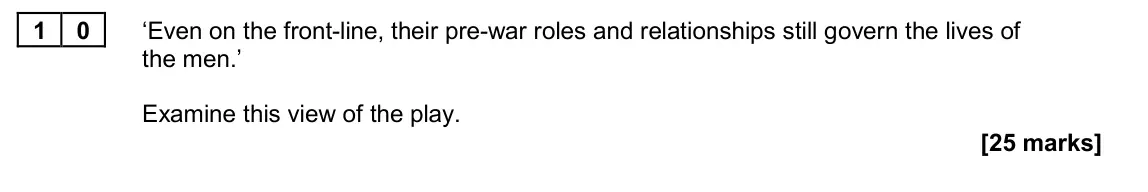 June 2022 Paper 2A, question 10: ‘Even on the front-line, their pre-war roles and relationships still govern the lives of the men.’ Examine this view of the play.