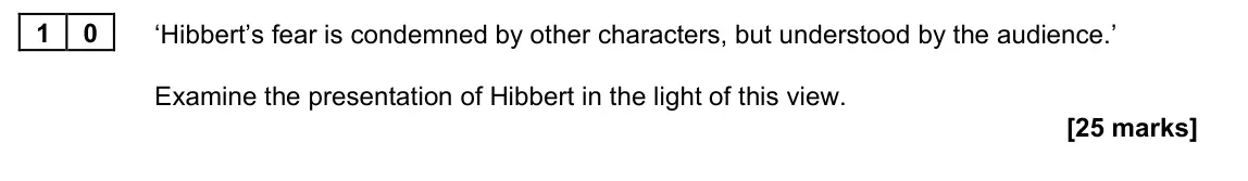 June 2023 Paper 2A, question 10: ‘Hibbert’s fear is condemned by other characters, but understood by the audience.’ Examine the presentation of Hibbert in the light of this view.