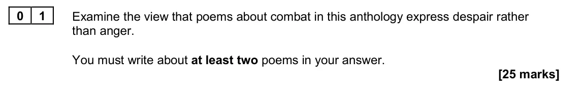 June 2024 Paper 2A, question 01: Examine the view that poems about combat in this anthology express despair rather than anger. You must write about at least two poems in your answer.