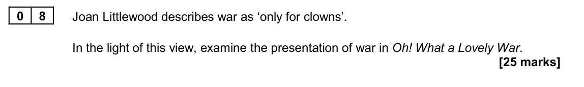 June 2024 Paper 2A, question 08: Joan Littlewood describes war as ‘only for clowns’. In the light of this view, examine the presentation of war in Oh! What a Lovely War.