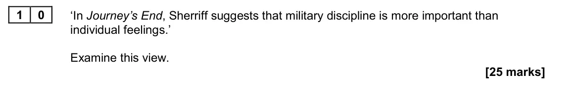 June 2024 Paper 2A, question 10: ‘In Journey’s End, Sherriff suggests that military discipline is more important than individual feelings.’ Examine this view.