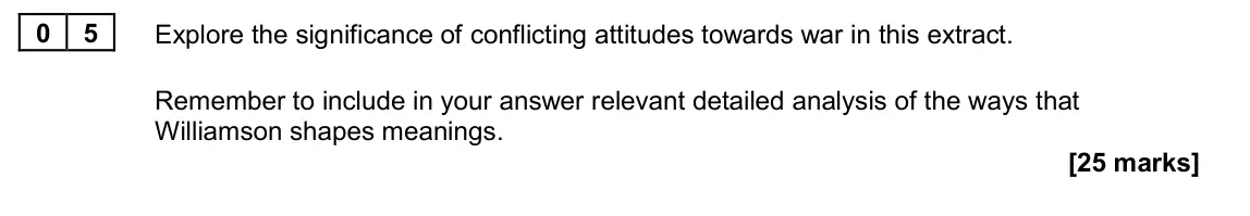 June 2024 Paper 2A, question 05: Explore the significance of conflicting attitudes towards war in this extract. Remember to include in your answer relevant detailed analysis of the ways that Wi