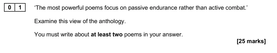June 2025 Paper 2A, question 01: ‘The most powerful poems focus on passive endurance rather than active combat.’ Examine this view of the anthology. You must write about at least two poems in y