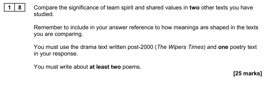 June 2025 Paper 2A, question 18: Compare the significance of team spirit and shared values in two other texts you have studied. Remember to include in your answer reference to how meanings are