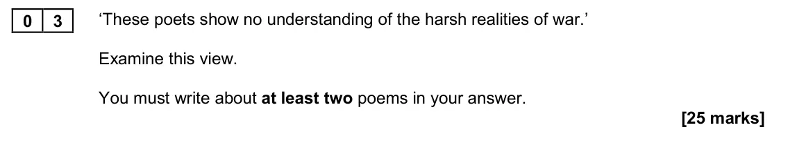 November 2020 Paper 2A, question 03: ‘These poets show no understanding of the harsh realities of war.’ Examine this view. You must write about at least two poems in your answer.