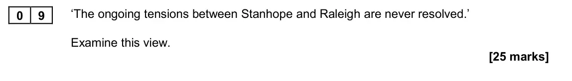 November 2020 Paper 2A, question 09: ‘The ongoing tensions between Stanhope and Raleigh are never resolved.’ Examine this view.