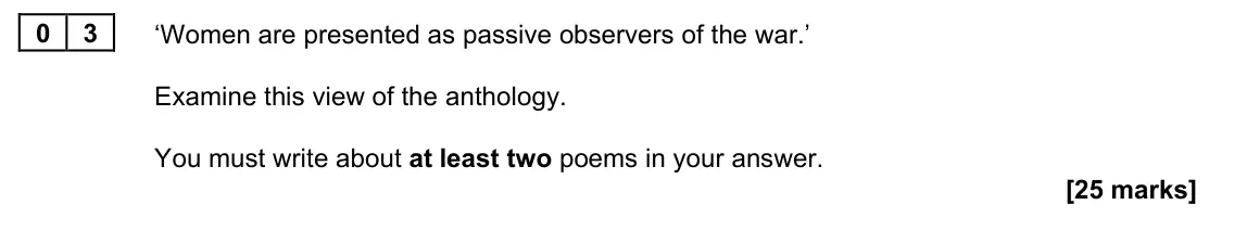 November 2021 Paper 2A, question 03: ‘Women are presented as passive observers of the war.’ Examine this view of the anthology. You must write about at least two poems in your answer.