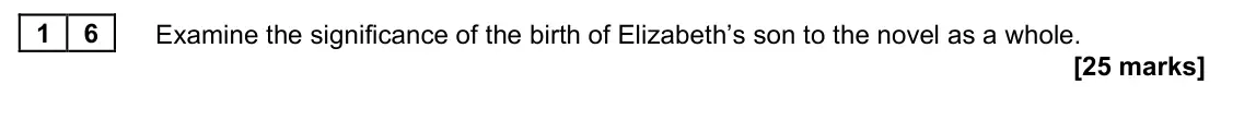 November 2021 Paper 2A, question 16: Examine the significance of the birth of Elizabeth’s son to the novel as a whole.