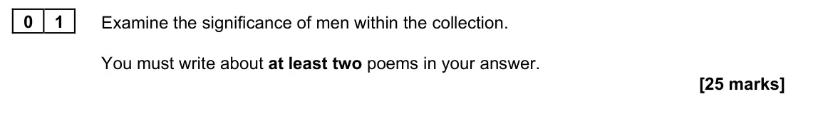 June 2022 Paper 2B, question 01: Examine the significance of men within the collection. You must write about at least two poems in your answer.