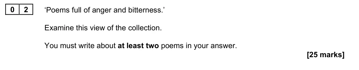 June 2022 Paper 2B, question 02: ‘Poems full of anger and bitterness.’ Examine this view of the collection. You must write about at least two poems in your answer.